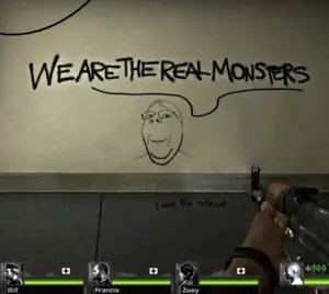 gapejak, wholesome soyjak, closed mouth, glasses, graffiti, internet is leaking, left 4 dead 1, smile, soyjak, speech bubble