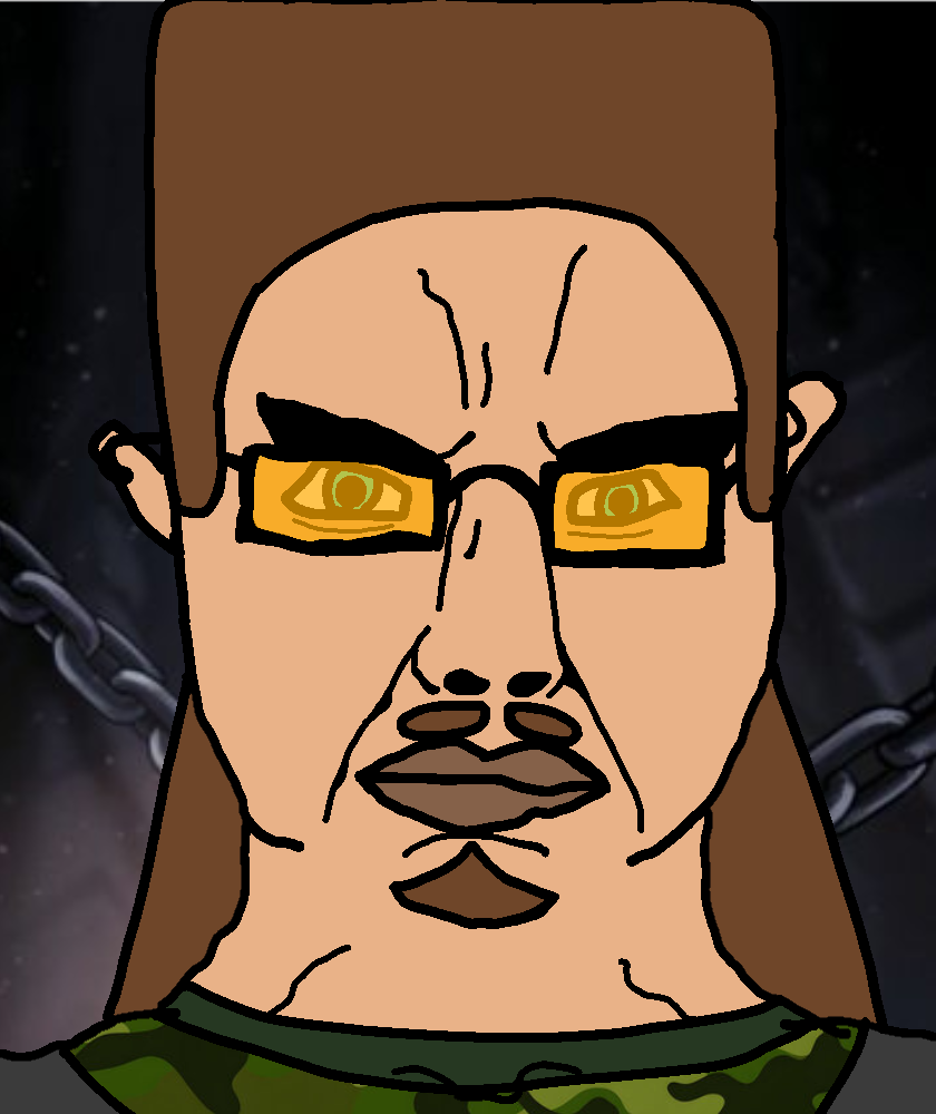chudjak, chudjak front, beard, blue background, blue eyes, brown hair, camouflage, chains, glasses, grey vest