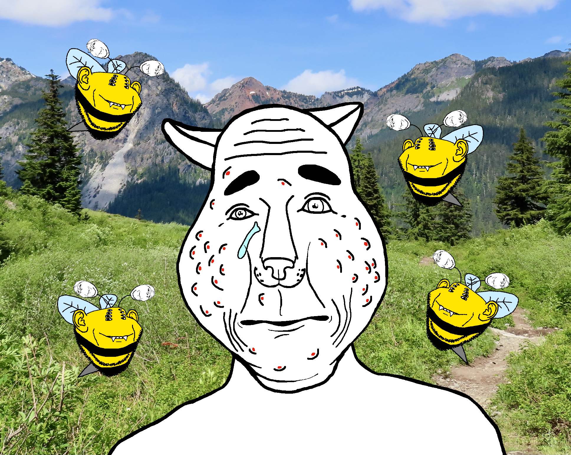 Catman getting stung by bees while out in nature.