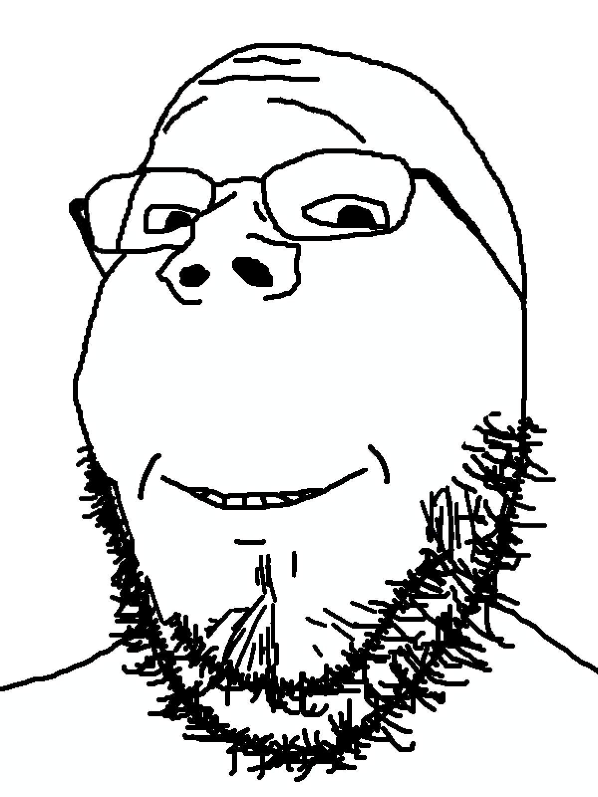 gapejak, mustached gapejak, shaved mustached gapejak, 1soyjak, bald, forehead lines, glasses, half body, happy, looking at you