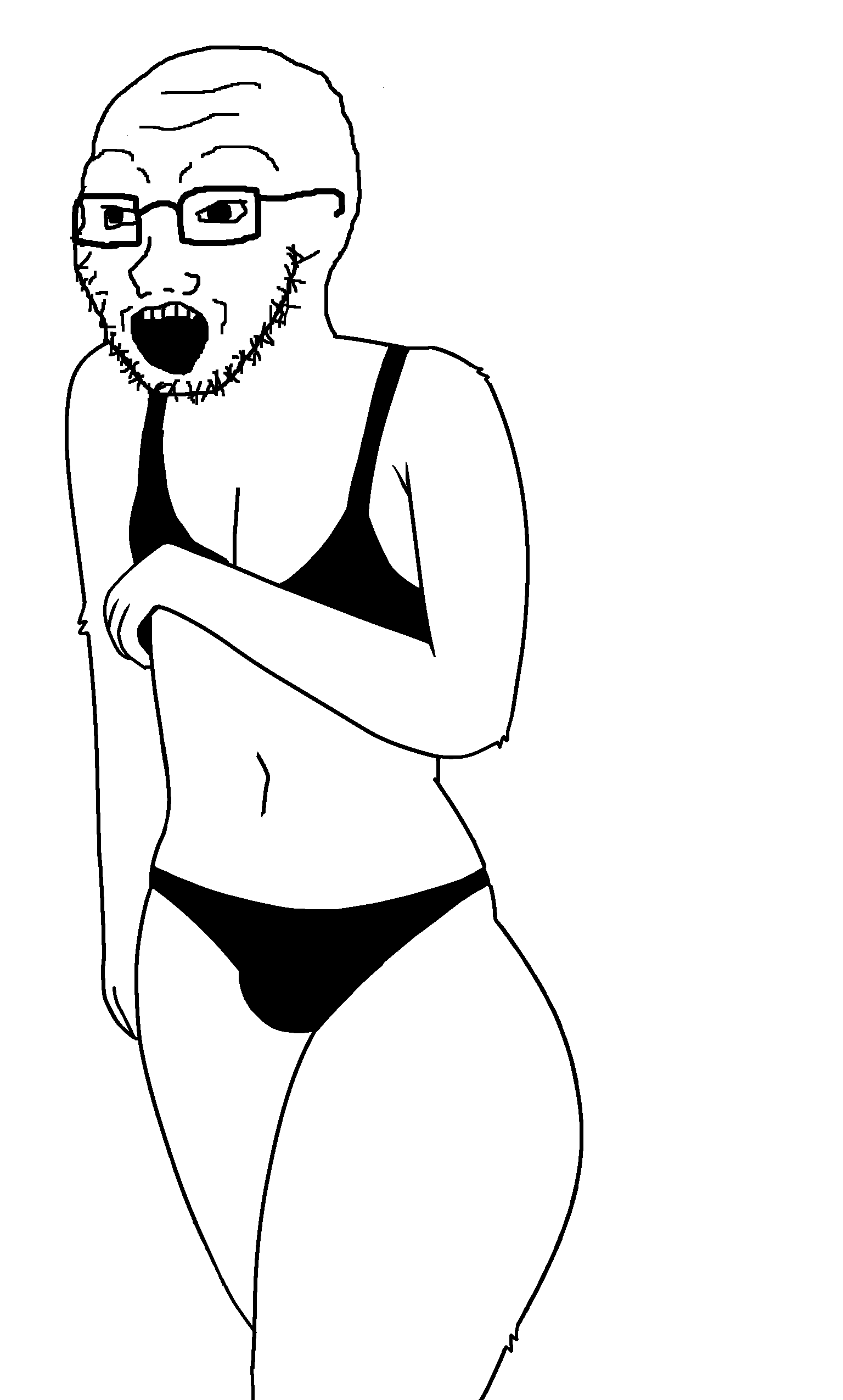 soyak, 1soyjak, arm over chest, bald, bikini, black clothing, bra, bulge, femboy, forehead lines