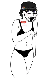 soytan, soyak, 1soyjak, arm over chest, beanie, bikini, black clothing, black hair, blue eyes, blush