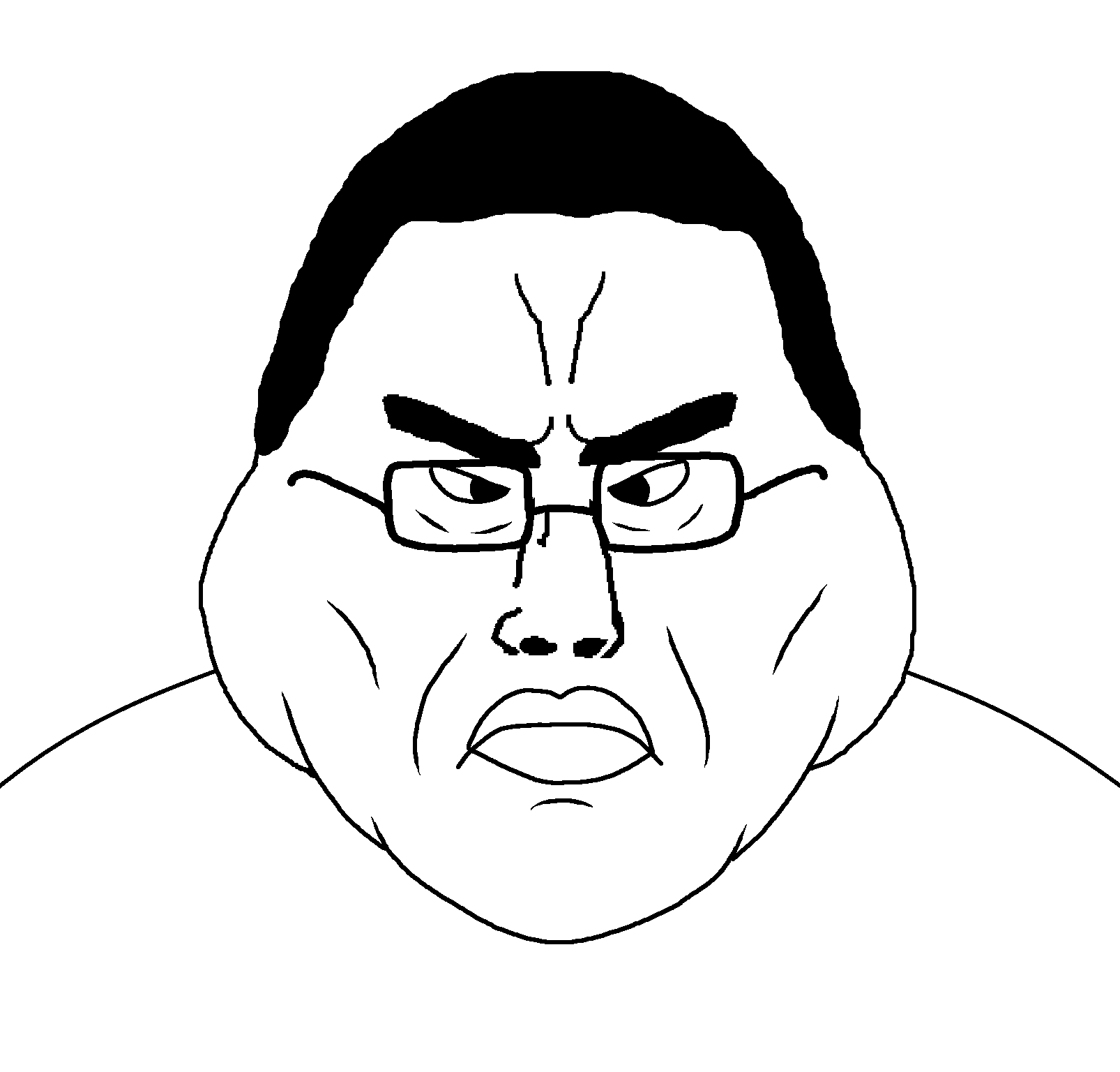 chudjak, disgusting trevorcreature, disgusting chudcreature, chuddified soyjaks, fusionjaks, angry, black hair, bushy eyebrows, chin, chud