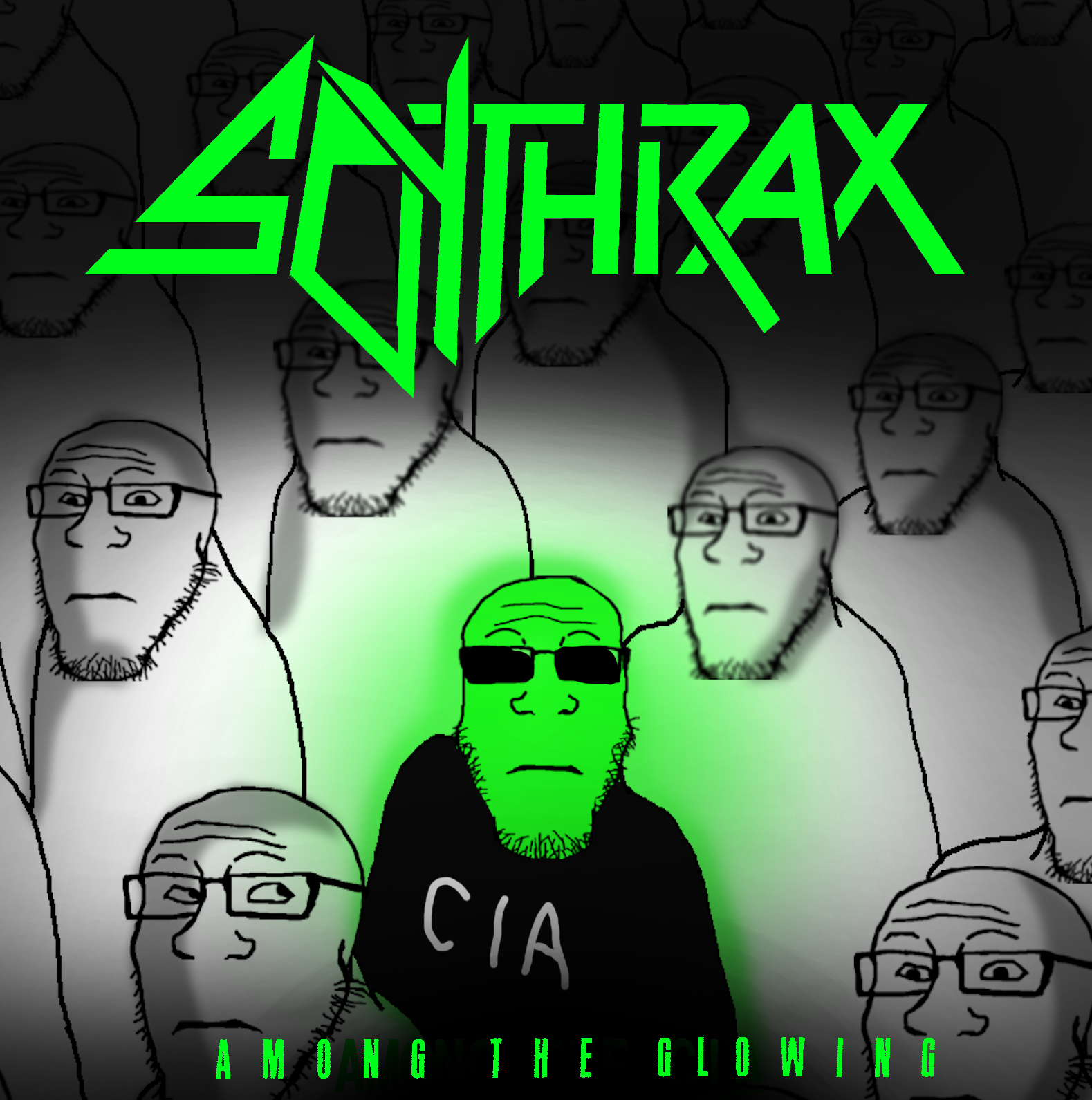 markiplier soyjak, neutralplier, glowie, anthrax (band), bald, black shirt, central intelligence agency, closed mouth, forehead lines, glasses