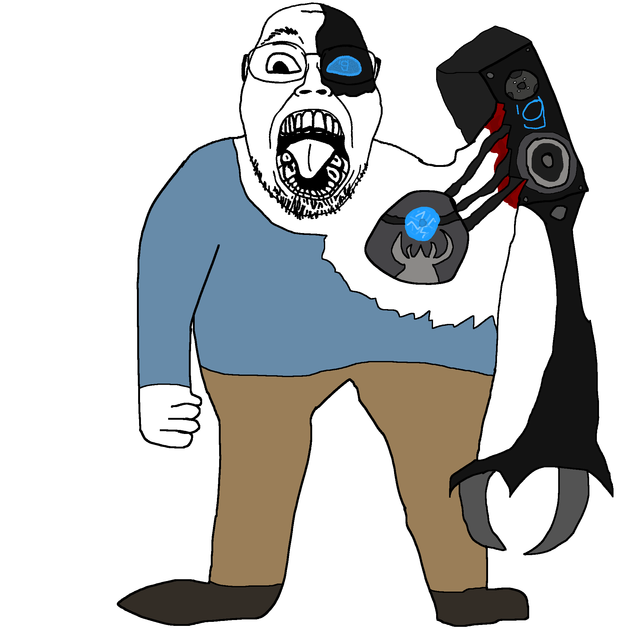 bernd, boat rammer, 'g, 1soyjak, bald, beard, blood, blue shirt, claw, cyborg