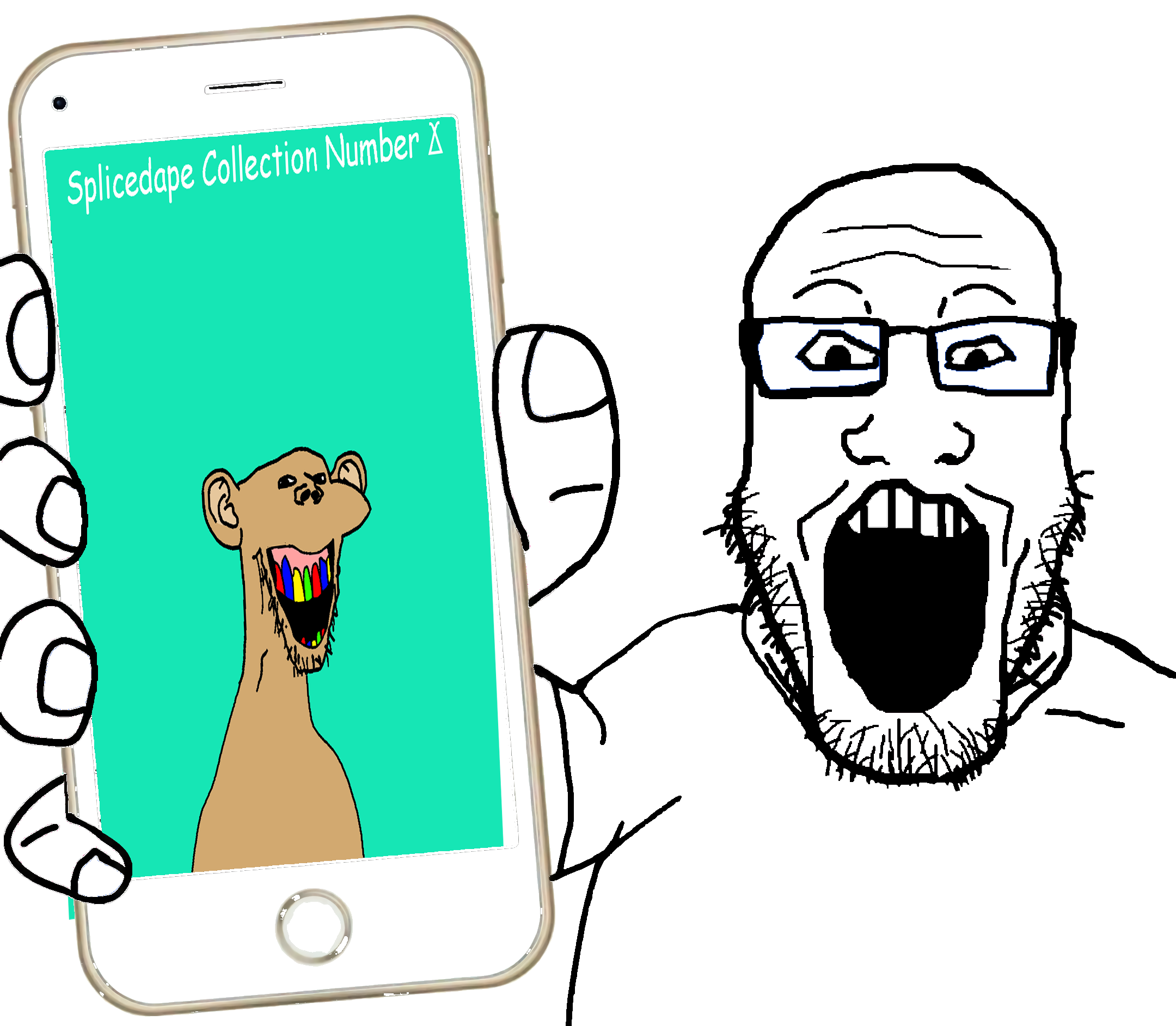 impish soyak ears, markiplier soyjak, splicejak, showing phone, 2soyjaks, bald, bored ape yacht club, crypto, eyebrows, face