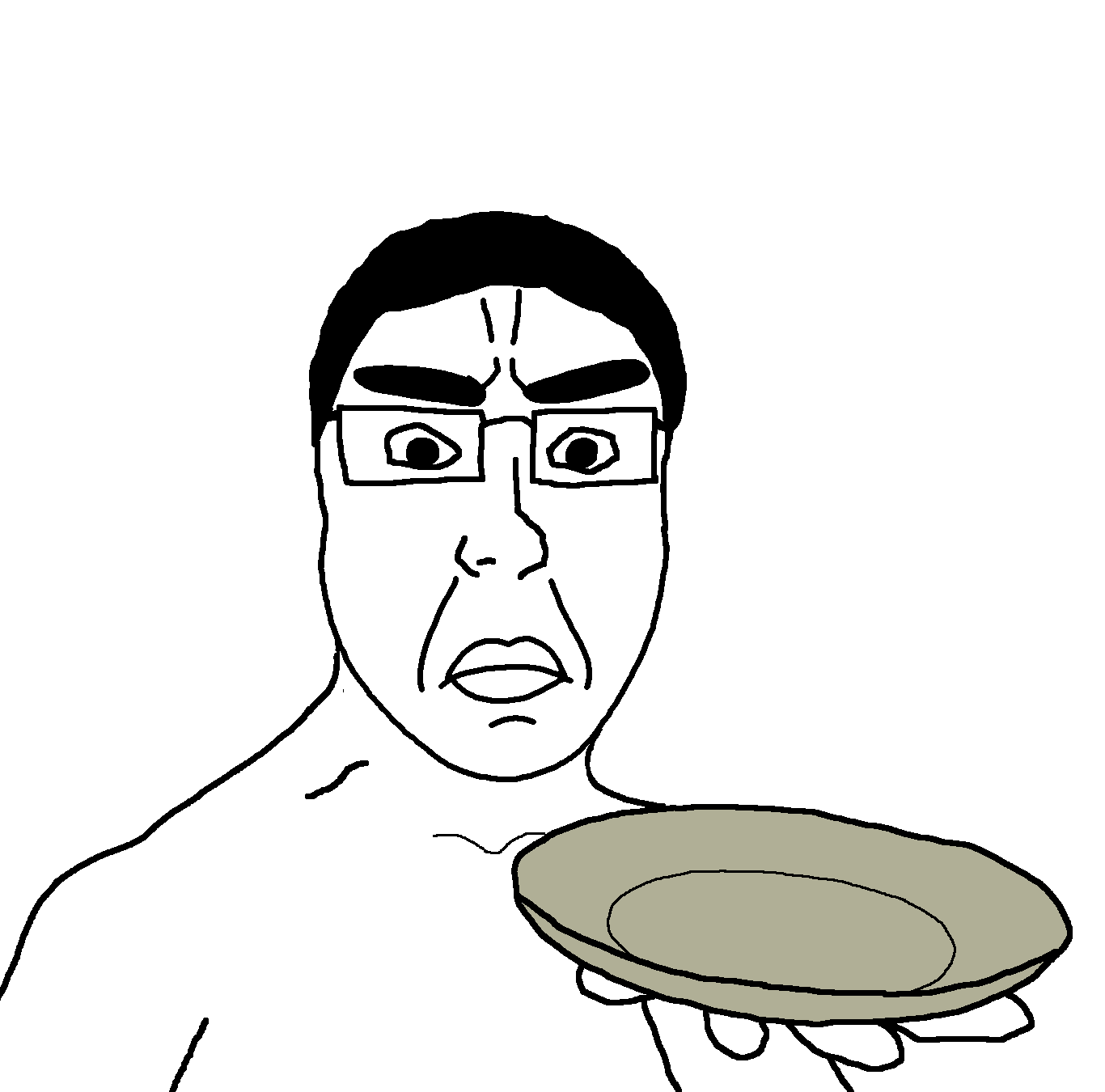 chudjak, platejak, platechud, chuddified soyjaks, arm, chud, closed mouth, eyebrows, glasses, hands