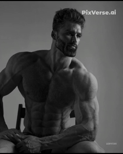 gigachad, animated, ape, beard, black and white, black hair, buff, gray skin, grayscale, hair