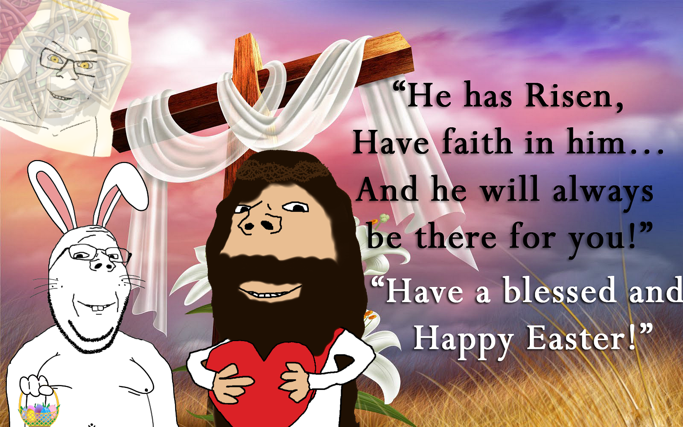 feraljak, gapejak, wholesome soyjak, 3soyjaks, animal, arm, basket, beard, bible quote, buck teeth