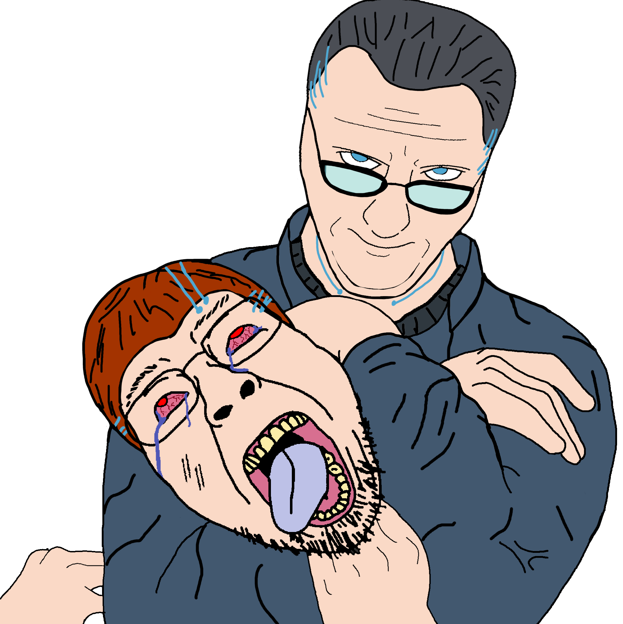 jc denton, bernd, eviljak, augmented, black clothing, bloodshot eyes, blue clothes, blue eyes, blue tongue, clothes