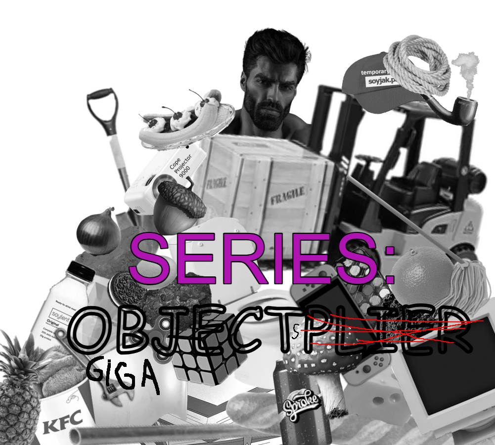 gigachad, gigaobjects, soybooru series tags, baguette, banana, banana split ice cream, beard, book, box, brick
