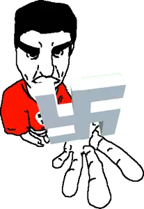chudjak, animated, bushy eyebrows, holding object, nazism, no background, no glasses, red shirt, spinning, swastika