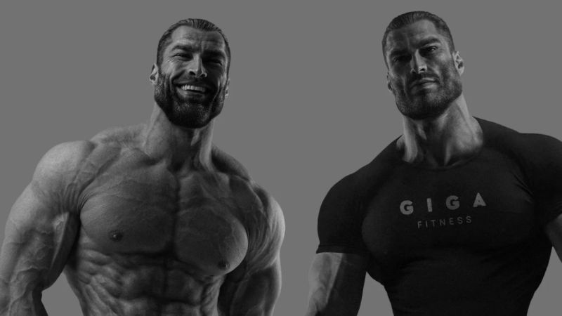 gigachad, 2gigas, 2nas, beard, black and white, black hair, black shirt, buff, clothes, front view