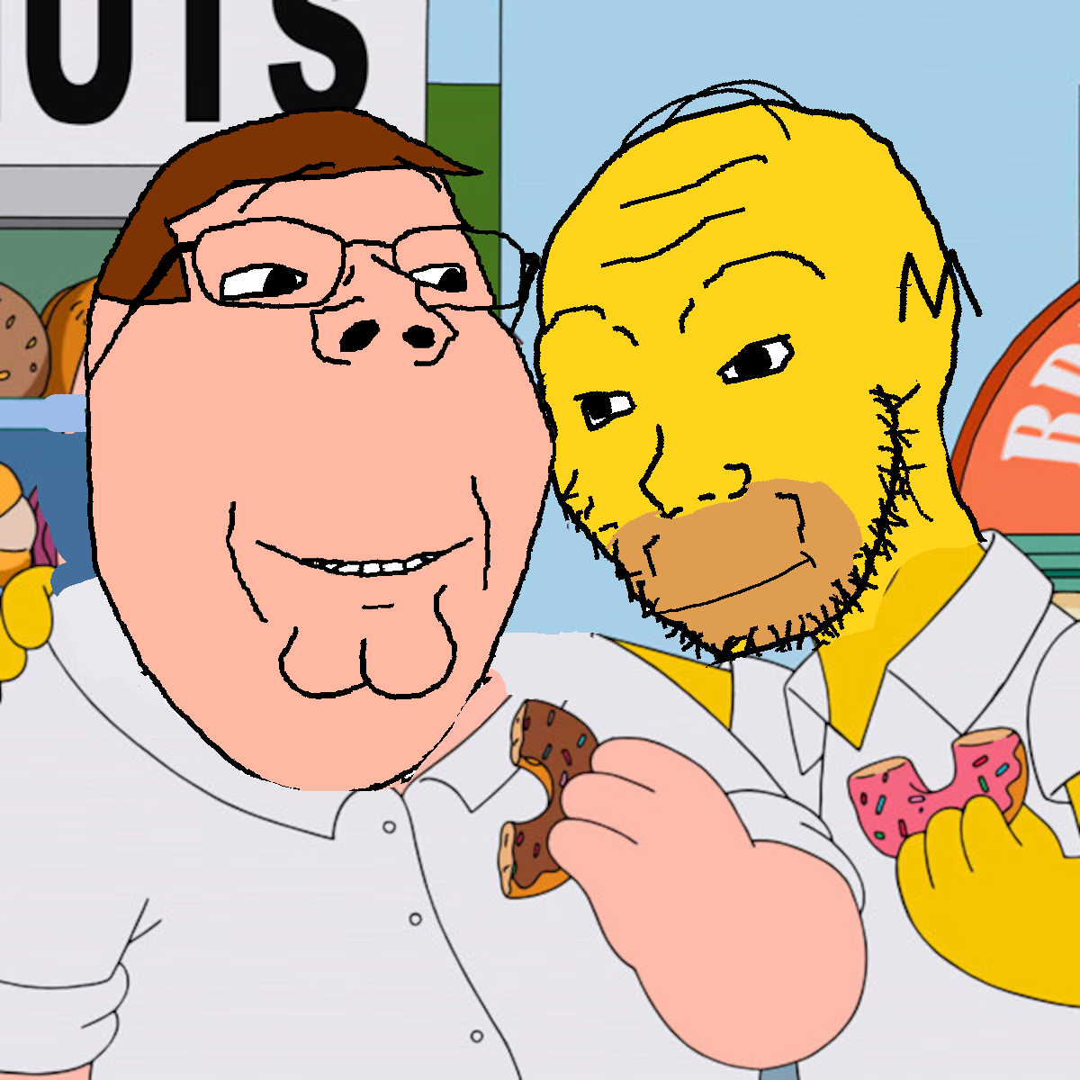 homer simpson, peter griffin, gapejak, soyak, no more brother wars, bald, balding, clothes, collared shirt, crossover