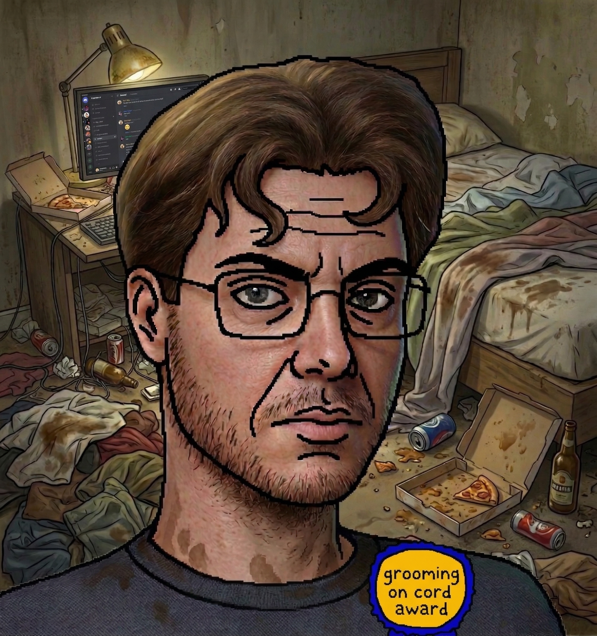 kuzjak, realkuz, irl slopjaks, 1soyjak, award, bed, bedroom, blue eyes, blue shirt, brown hair