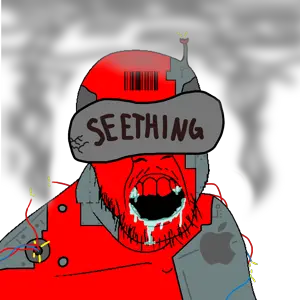 feraljak, angry, antenna, apple (company), barcode, cyborg, drool, open mouth, red skin, smoke