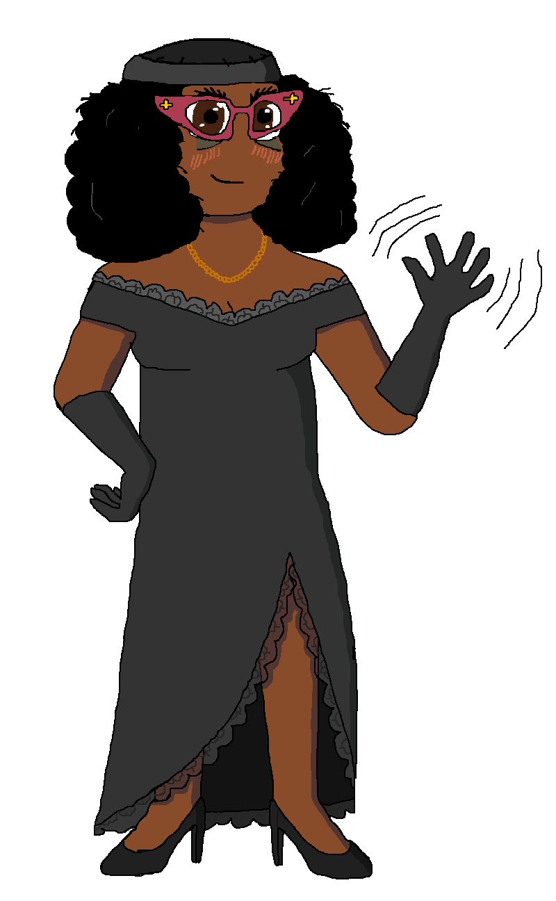 puertorican, soyferret, soytan, afro, black dress, black gloves, black shoes, black skin, blue eyes, dress