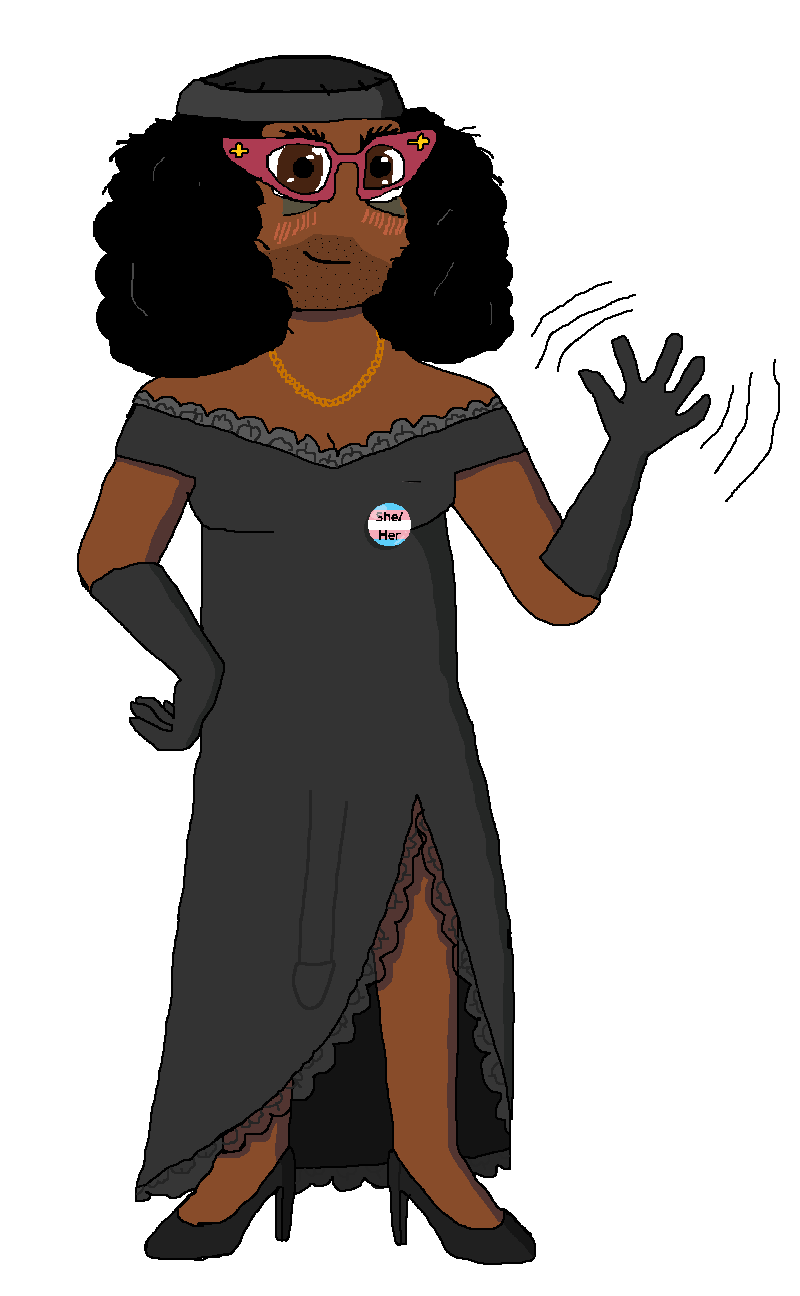 soyferret, soytan, afro, black dress, black gloves, black shoes, black skin, brown eyes, bulge, button