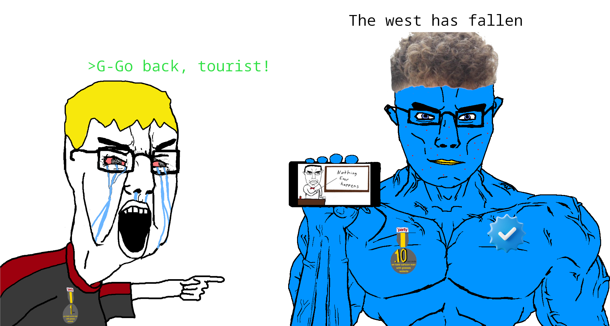 nate higgers, chudjak, chudjak front, muscular chud, natejak, .10 seconds on bald cartoon man with glasses website, 1 year on bald men with glasses website, angry, award, blonde hair