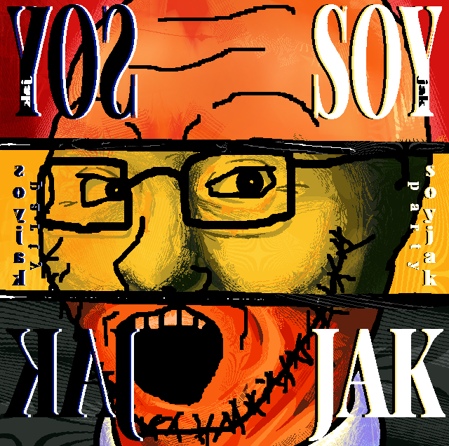 soyak, 1soyjak, album cover, art, black text, collared shirt, drawfag, drawing, forehead lines, glasses