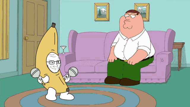 peter griffin, soyak, soyak (smug), 1soyjak, animated, arm, banana, closed mouth, costume, couch
