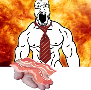 markiplier soyjak, arm, bacon, buff, clothes, fire, food, giving, glasses, hands