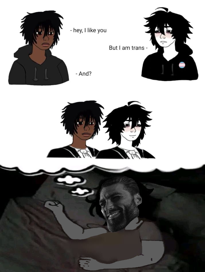 doomer wojak, gigachad, wojak, 5nas, black hair, black skin, black twinkjak, blacked, blush, closed eyes