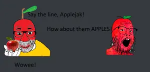 buckteeth soyjak, el perro rabioso, 2soyjaks, apple, beard, closed mouth, food, fruit, glasses, hands