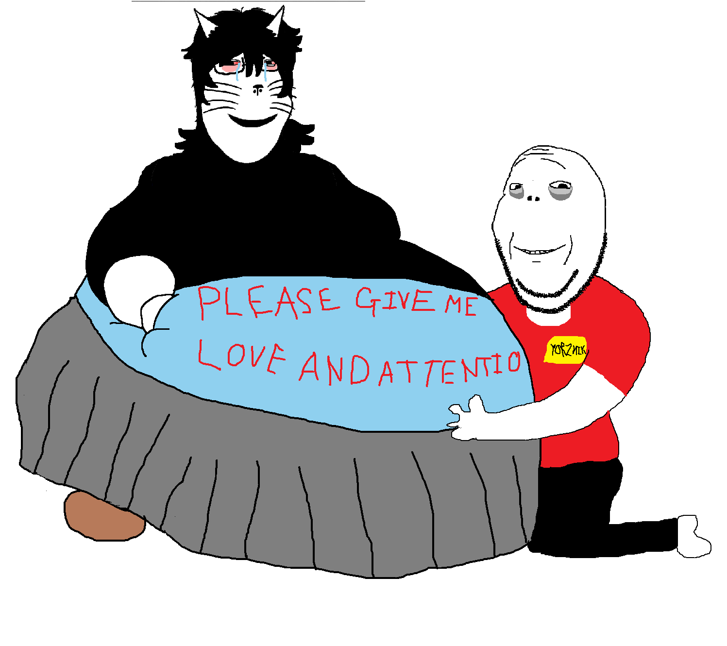fatpony, gapejak, massjak, massmeowjak, wholesome soyjak, black hair, black pants, black shirt, blue shirt, cat ears
