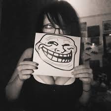 trollface, oh my god she is so attractive, bald, big smile, bra, breasts, covering mouth, female, fingernail, forehead lines