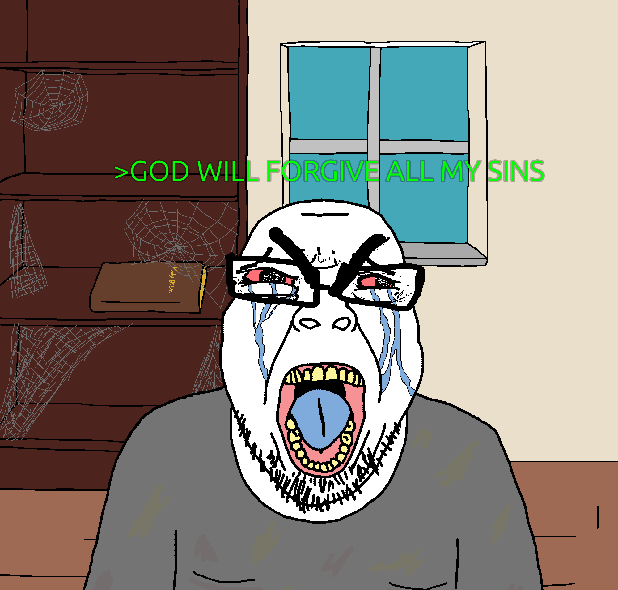 bernd, 1soyjak, bald, bible, bloodshot eyes, blue tongue, bookshelf, bushy eyebrows, cobweb, crying