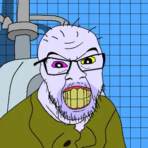 feraljak, bathroom, blue background, cheap joke, clenched teeth, clothes, glasses, green shirt, hair, mustache