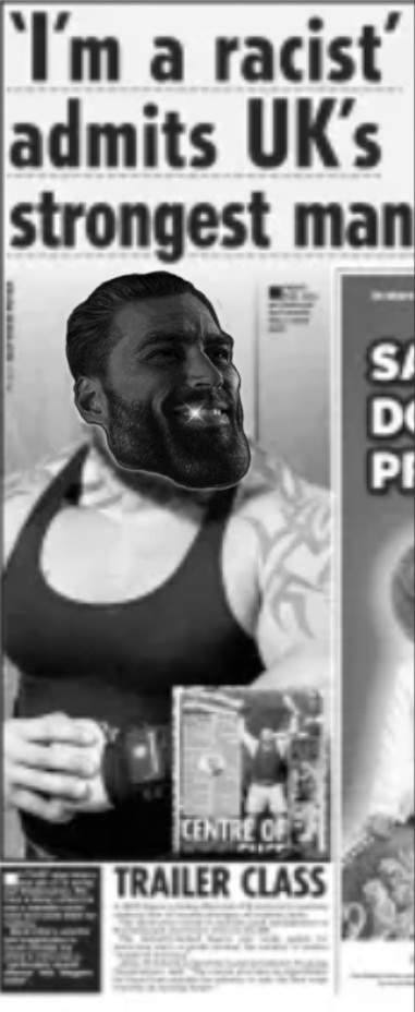 gigachad, gemmy, a10 eyes, beard, black and white, black hair, british, buff, eddie hall, gray skin