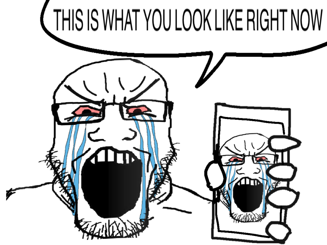 markiplier soyjak, phoneplier horizontal, showing phone, 1soyjak, 2soyjaks, bald, bloodshot eyes, crying, eyebrows, eyes