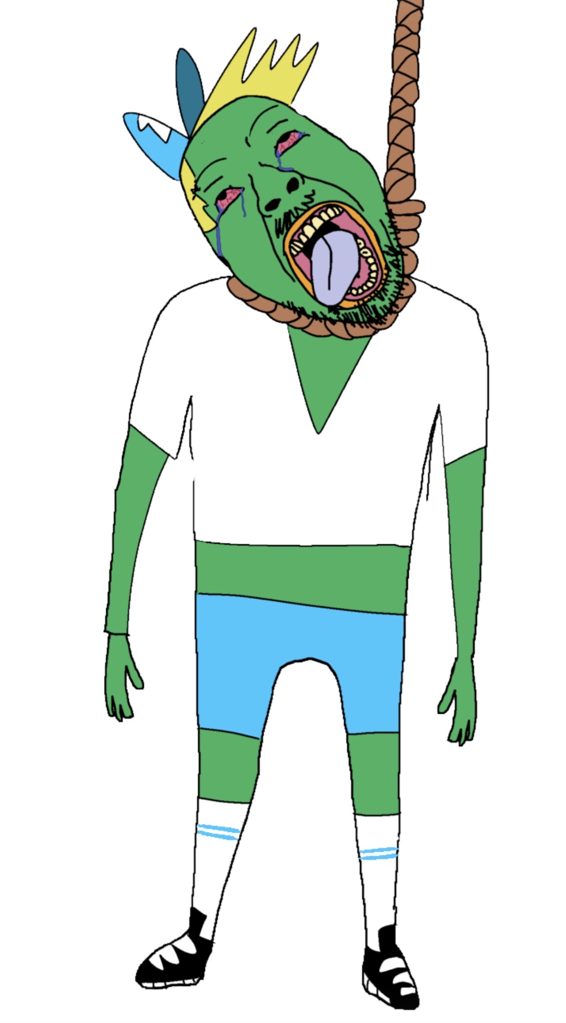 bernd, hanging troonjak, troonjak, 1soyjak, ack, blonde hair, bloodshot eyes, blue shorts, blue tongue, breadwinners