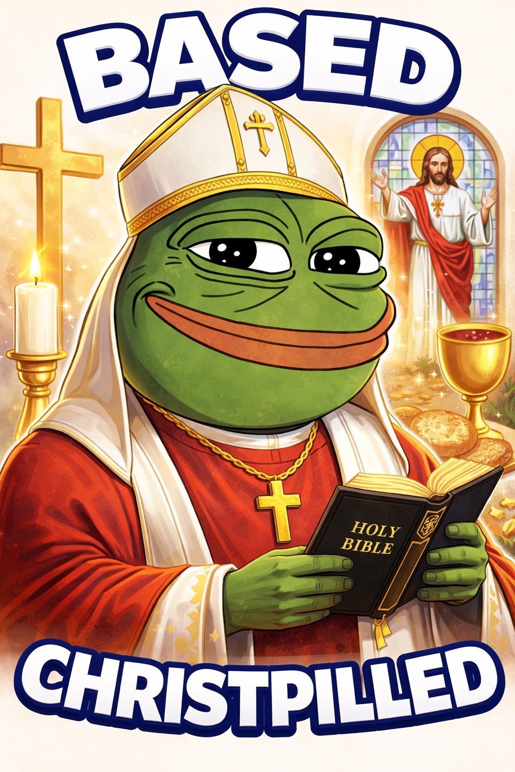 pepe, it's based and christpilled, alcohol, amphibian, animal, candle, christian cross, christianity, christpilled, clothes