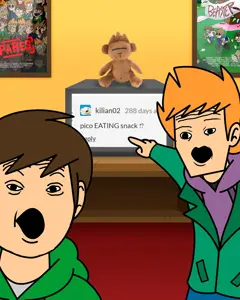 two pointing soyjaks, 2soyjaks, brown hair, clothes, computer, drawn background, ear, hair, no nose, open mouth