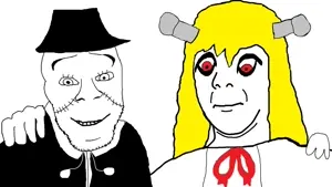 feraljak, kuzjak, commiepedotroon, femjak, no more brother wars, 2soyjaks, blonde hair, closed mouth, female, franken fran
