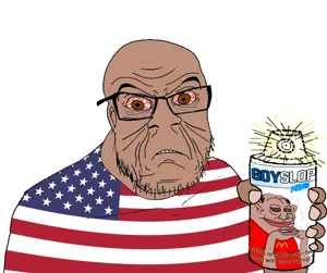 feraljak, amerimutt, bloodshot eyes, brown eyes, brown skin, fat, flag, food, glasses, goy