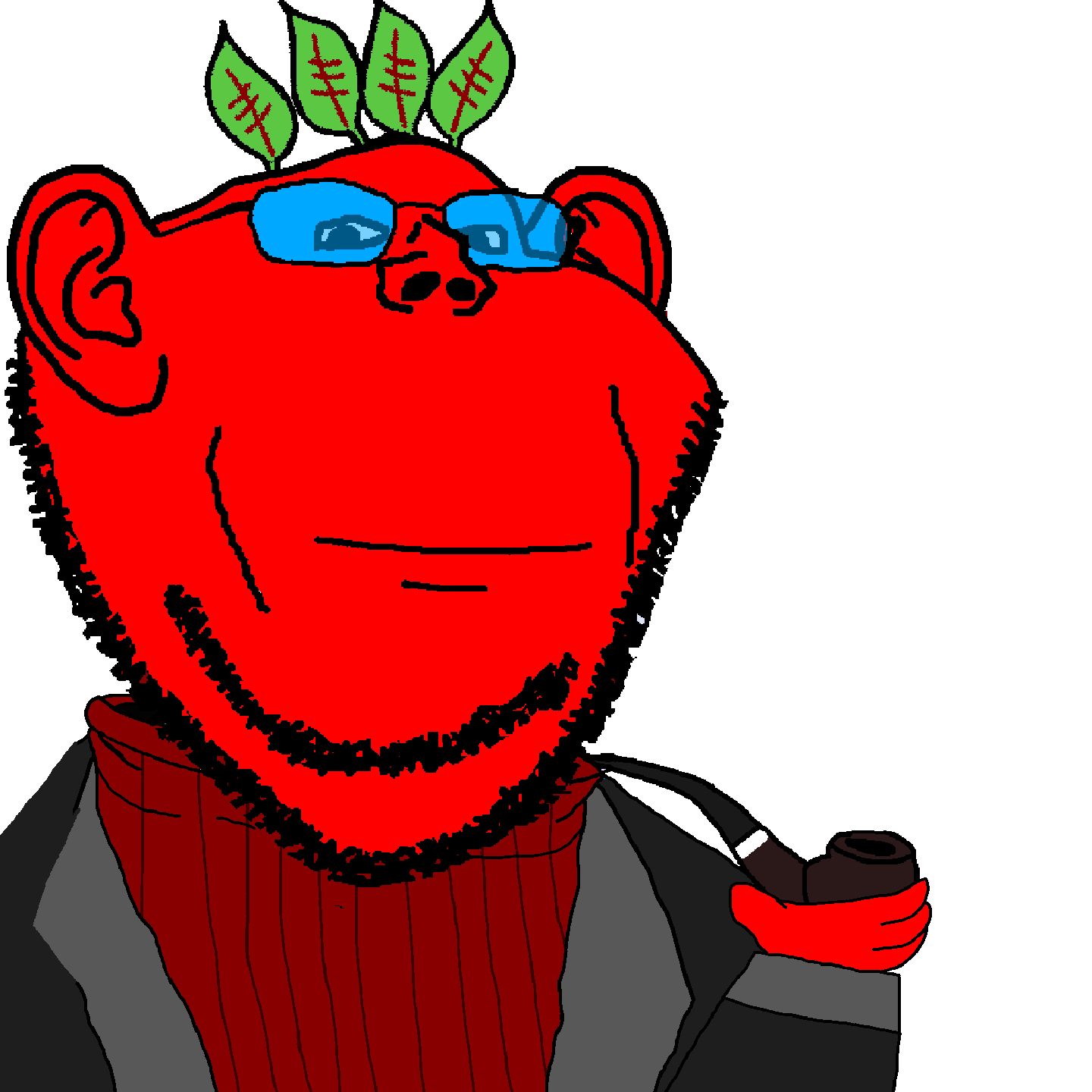impish soyak ears, admin, closed mouth, formal clothing, glasses, hands, holding object, holding pipe, jacket, leaf