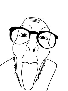 unknown, 1soyjak, bald, big glasses, brim nigger shitstone, fisheye lens, forehead lines, front view, glasses, half body