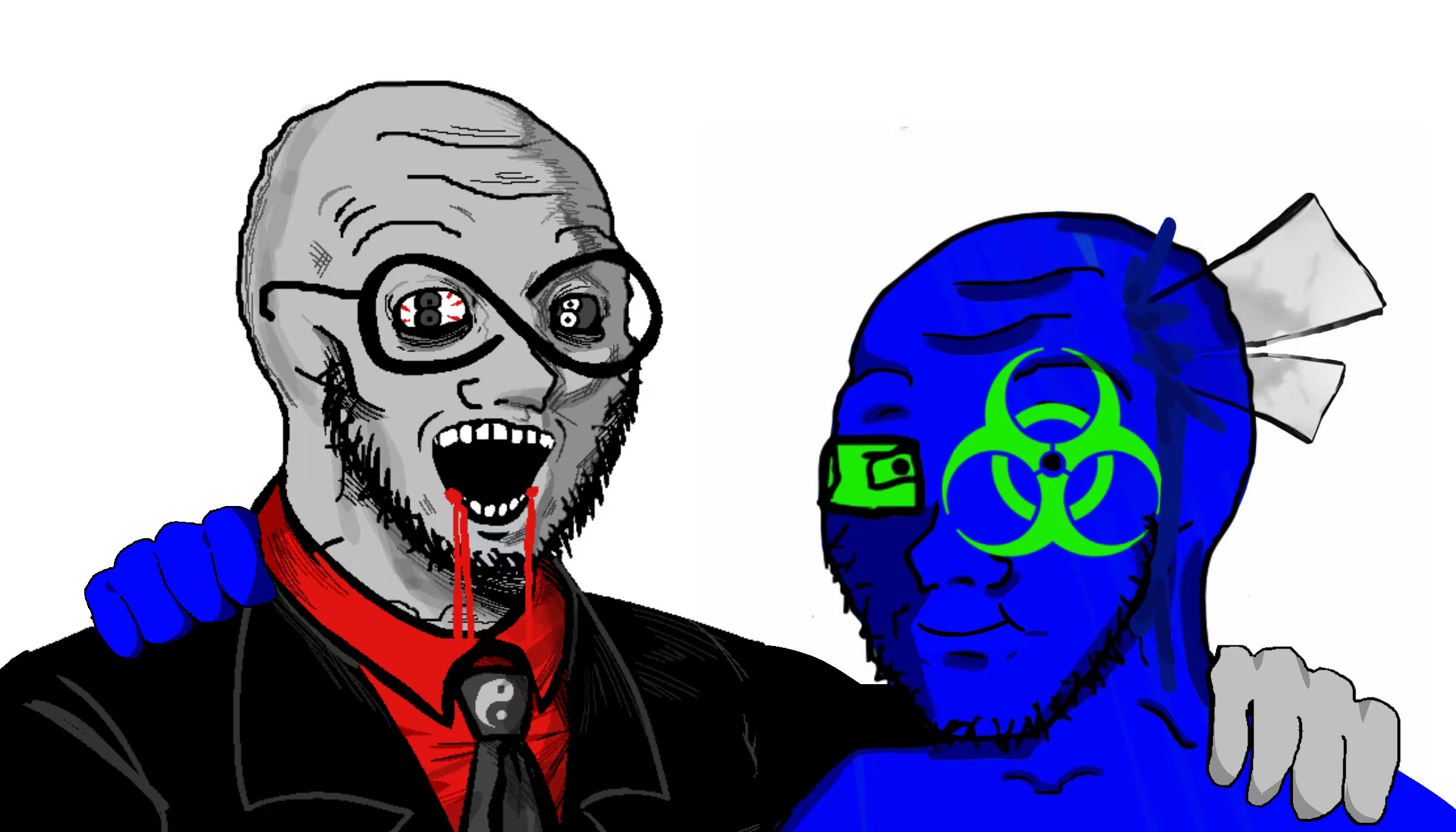 8ty, soyak, soyak (crazed), 2soyjaks, blue skin, closed mouth, clothes, crazed, friendship, glass