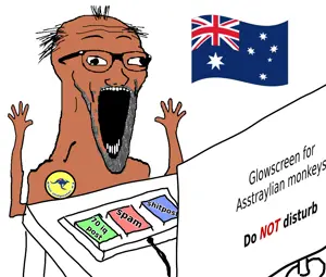 excited soyjak, soyak, wewjak, arm, australia, badge, brown skin, computer, country, flag