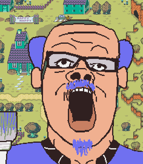 mr carpainter, a24 slowburn soyjak, background, blue paint, clothes, eyebrows, facial hair, forehead lines, glasses, goatee