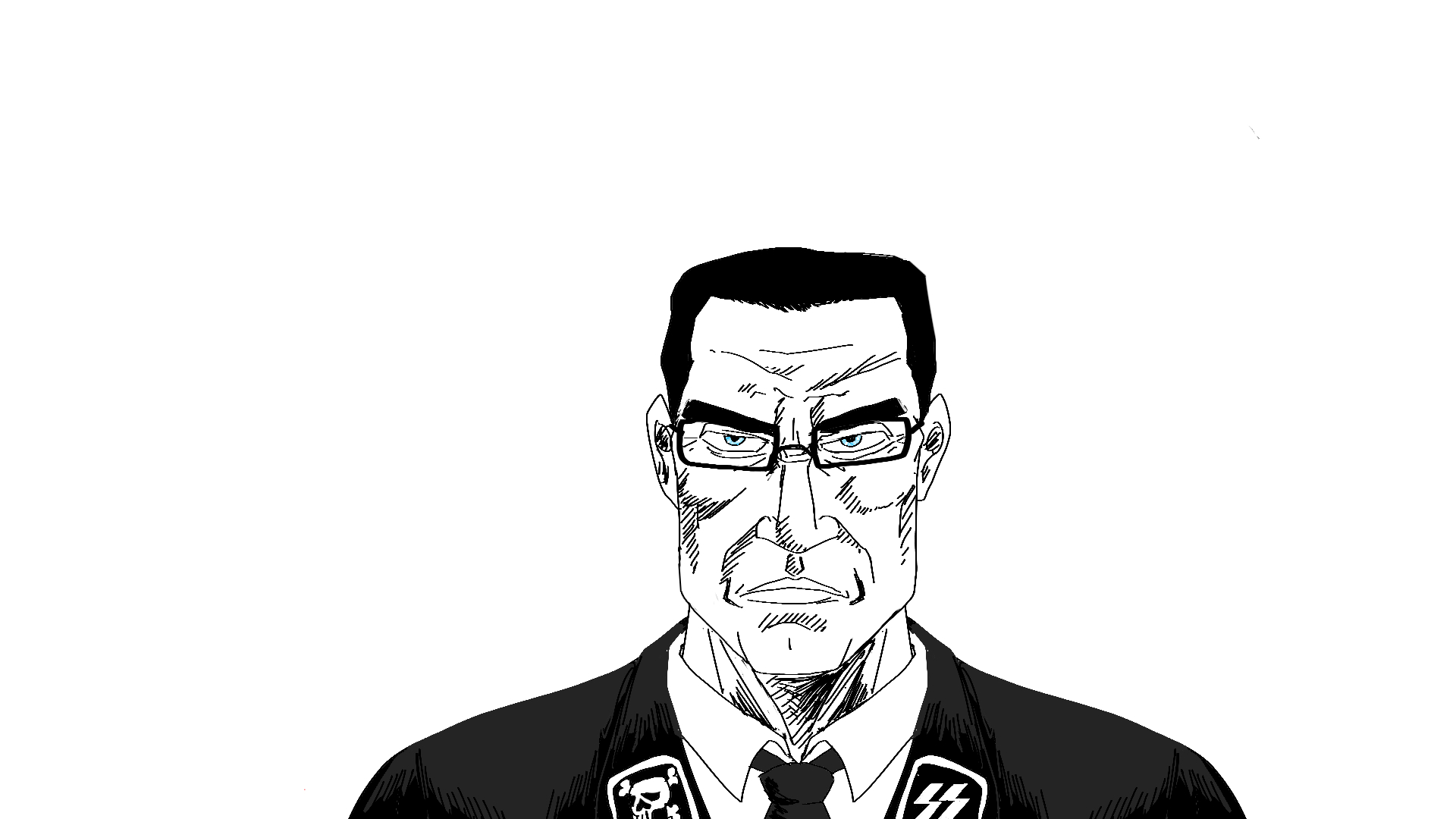 soy beaner, chudjak, chudjak front, muscular chud, perceptive chud, perceptive chud front, 1soyjak, a10 eyes, black hair, black uniform