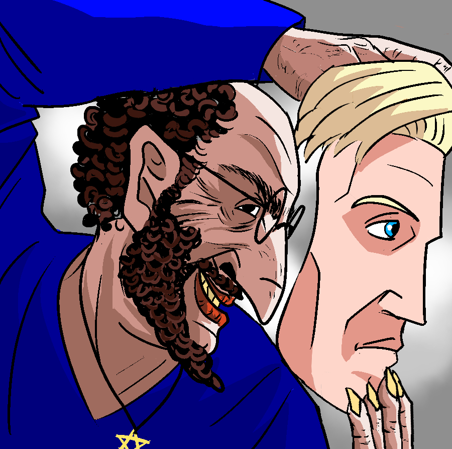 soy beaner, classic amerimutt, happy merchant, amerimutt, 100% face, a10 eyes, blonde hair, blue shirt, ears, hair