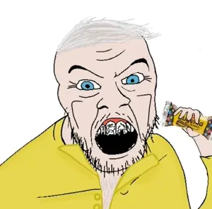 feraljak, angry, arm, blue eyes, broken teeth, candy, chocolate, clothes, eating, eugenia