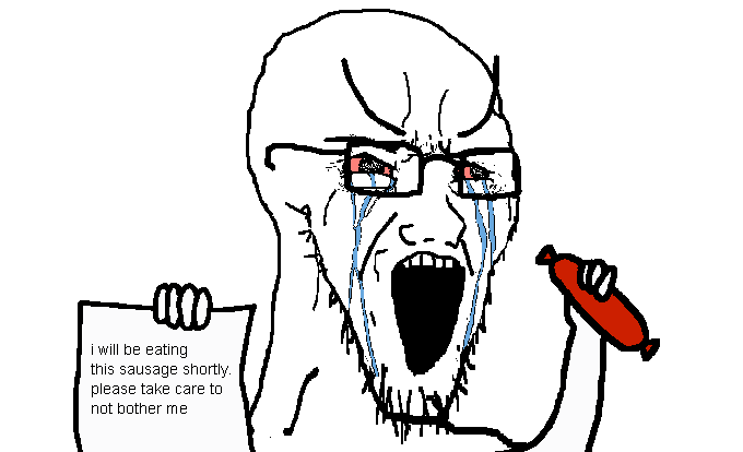 soyak, long crying soyak, soyak (crying), angry, bloodshot eyes, crying, eyebrows, food, glasses, holding object