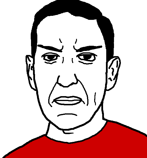 chudjak, howard, 1soyjak, angry, black hair, bushy eyebrows, closed mouth, clothes, ear, eyebrows