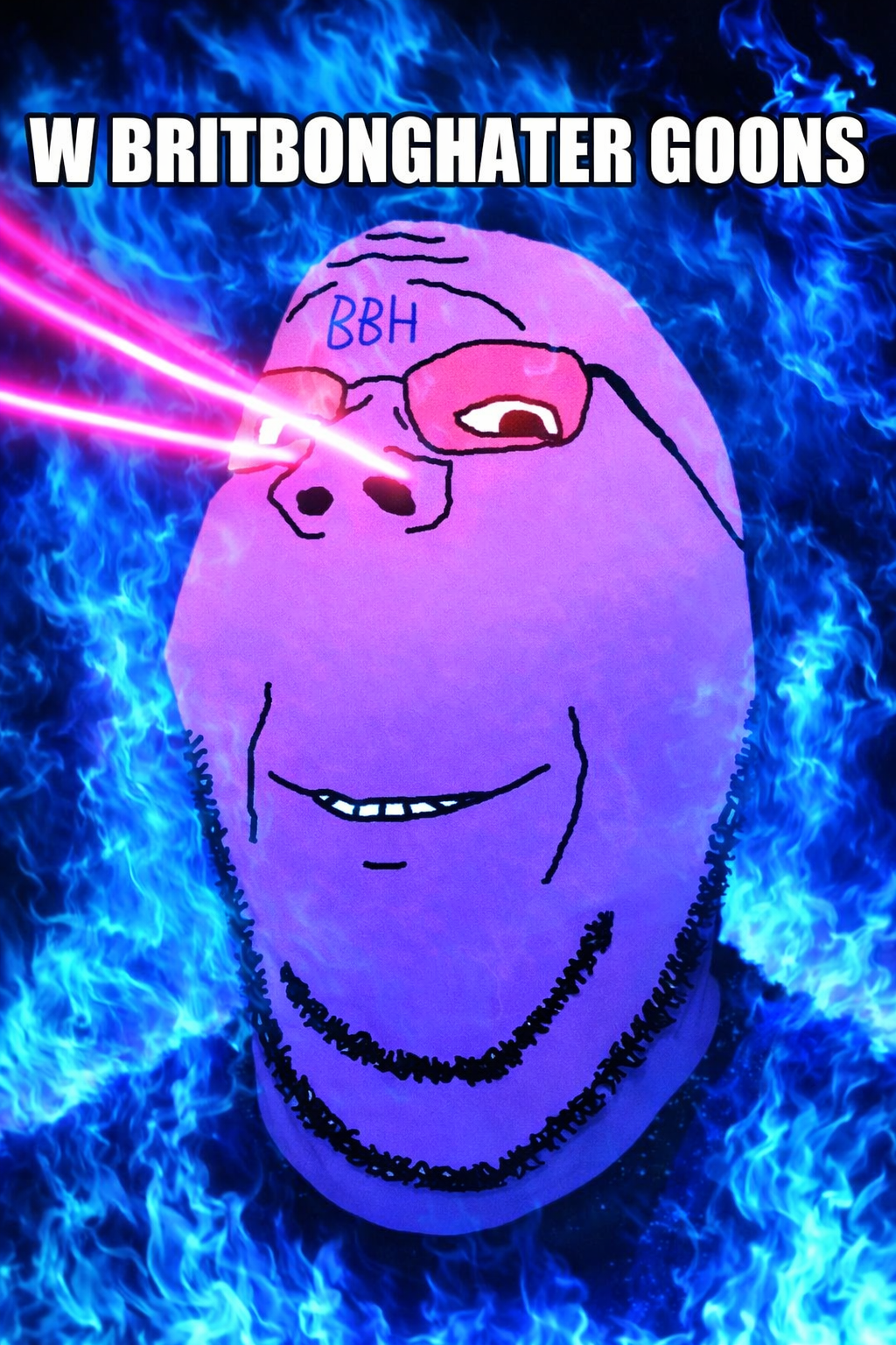 gapejak, wholesome soyjak, w namefag goons, 1soyjak, bald, fire, forehead lines, half body, happy, laser